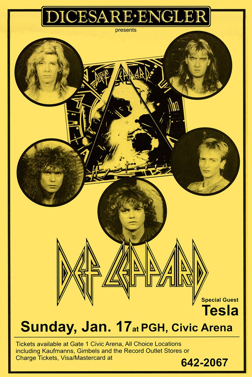 Def Leppard concert poster wall art print in yellow and black with five band portraits, Tesla billing, and Civic Arena date.