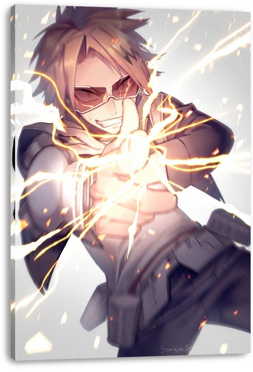 Denki Kaminari canvas wall art print features the goggle-wearing blond hero charging bright yellow electricity against a pale background.