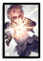 Denki Kaminari framed wall art print depicts the smiling blond hero unleashing branching yellow lightning in a black frame.