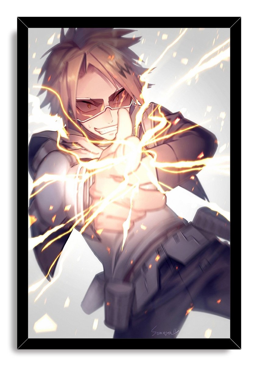 Denki Kaminari framed wall art print depicts the smiling blond hero unleashing branching yellow lightning in a black frame.