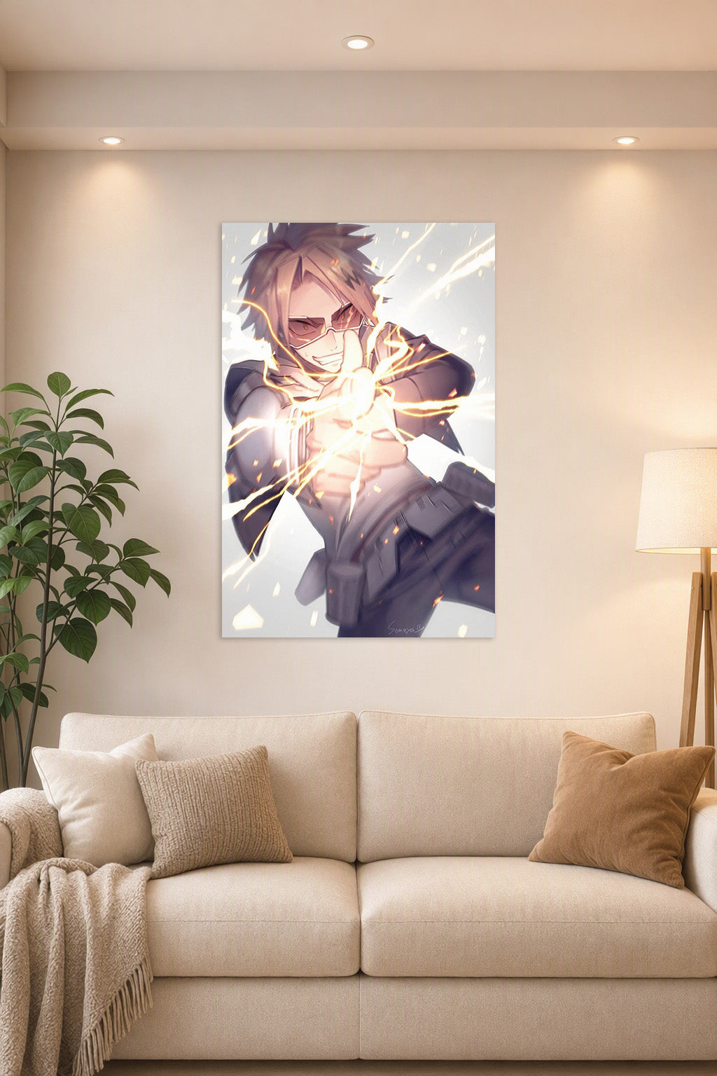 Denki Kaminari My Hero Academia in a bright living room above a beige sofa.