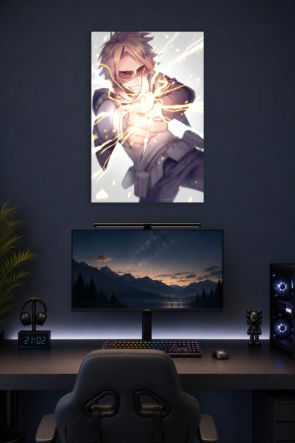 Denki Kaminari My Hero Academia in a gaming desk setup above a monitor.