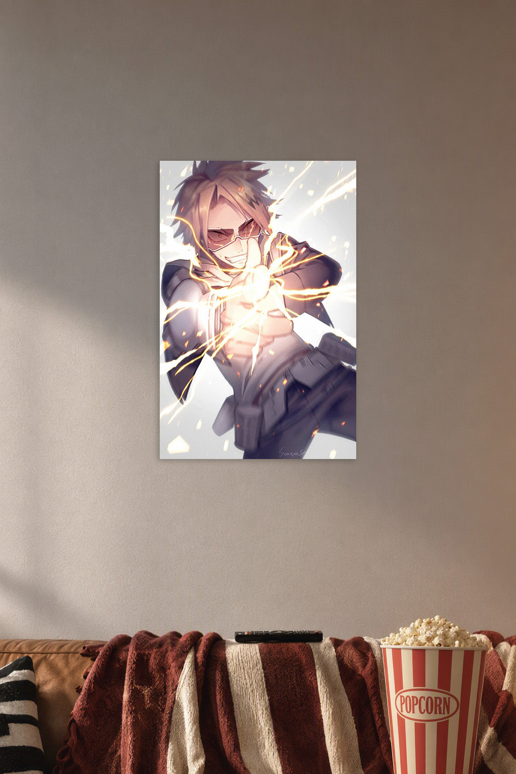 Denki Kaminari My Hero Academia in a cozy movie room above a brown sofa with popcorn.
