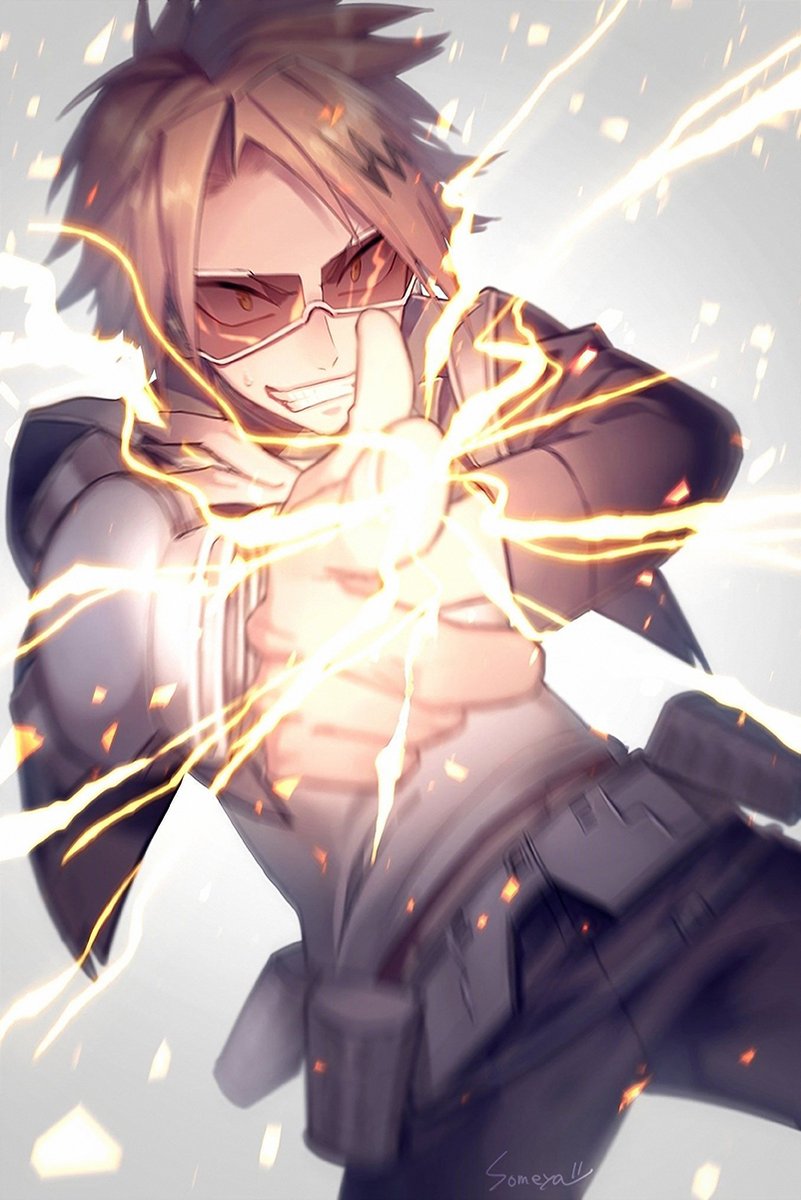 Denki Kaminari wall art print portrays the blond, goggle-wearing hero grinning as yellow lightning bursts from his hands.