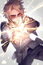 Denki Kaminari wall art print portrays the blond, goggle-wearing hero grinning as yellow lightning bursts from his hands.