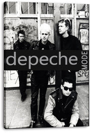 Depeche Mode canvas wall art print displays four band members in a gritty black-and-white street scene with large gray lettering.