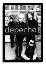 Depeche Mode framed wall art print presents four band members in black and white, bordered by a black frame and central logo panel.