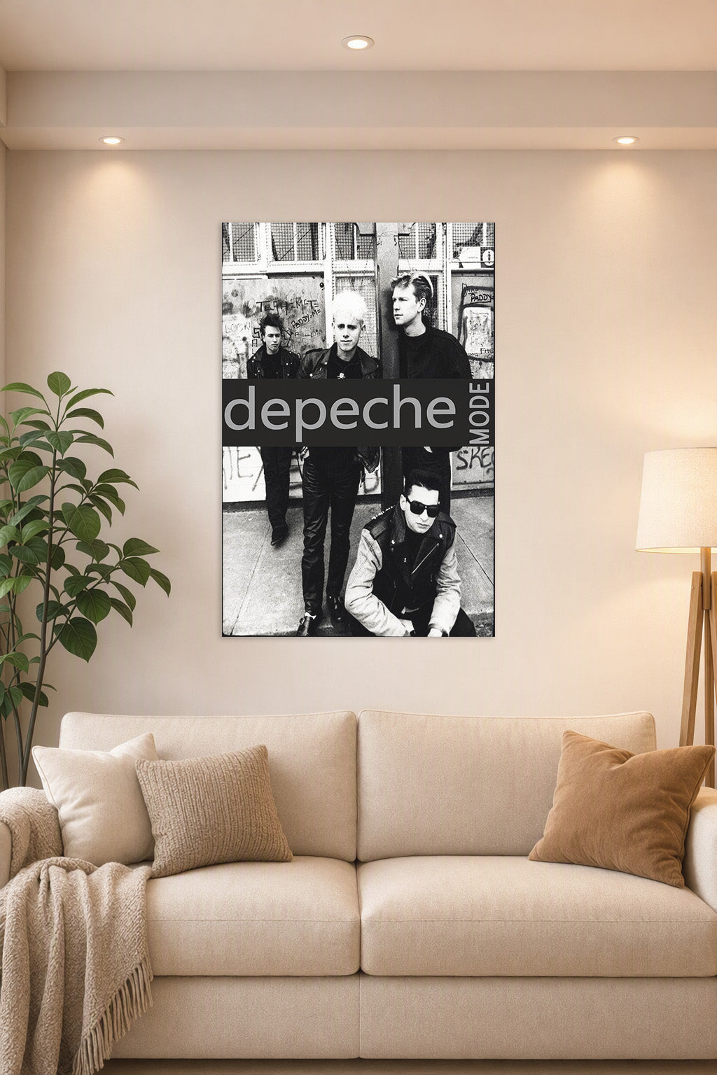 Depeche Mode in a bright living room above a beige sofa.