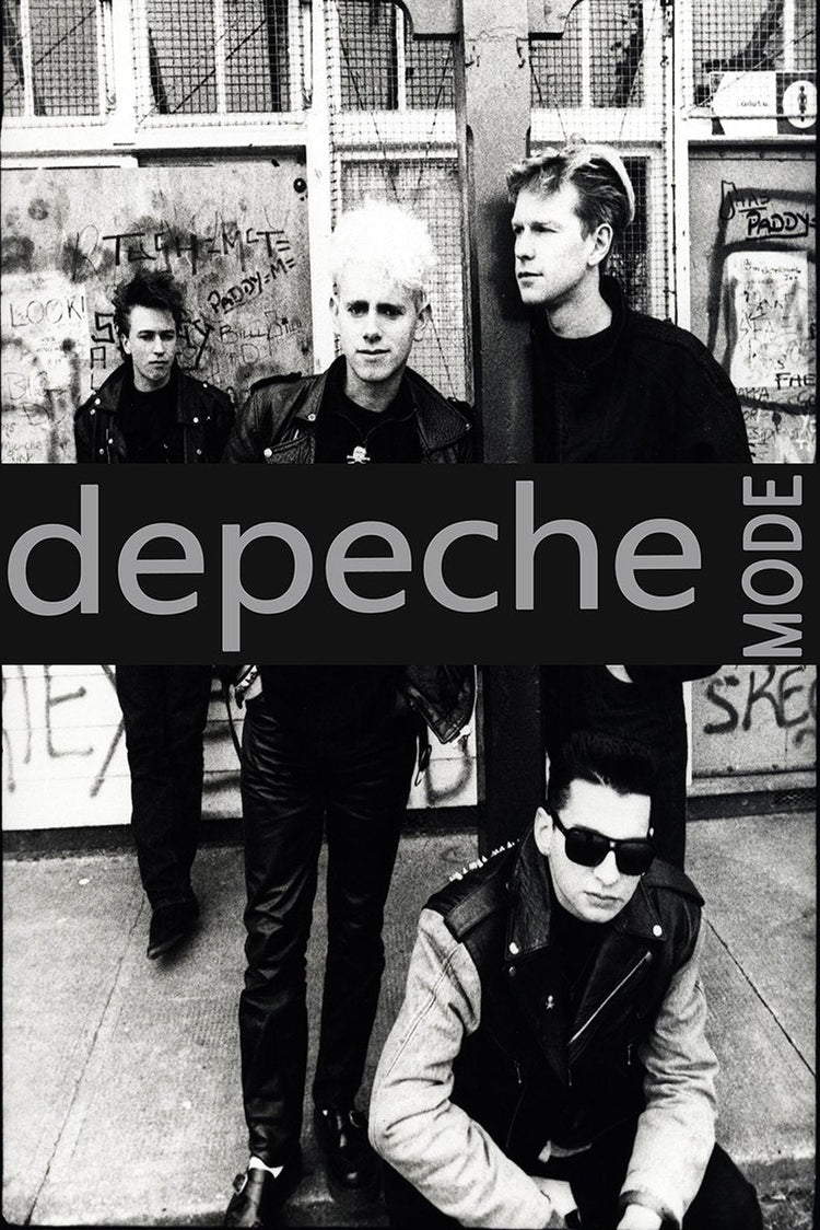 Depeche Mode poster features a black-and-white street photograph of four band members, with a bold black logo band across the center.