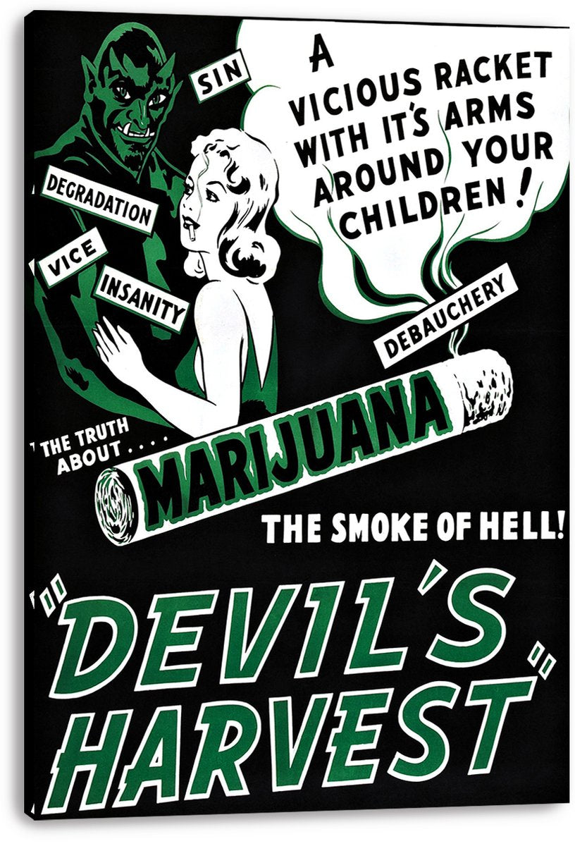 Devil's Harvest canvas wall art print displays a green devil and woman beside a large warning speech cloud and marijuana cigarette graphic.