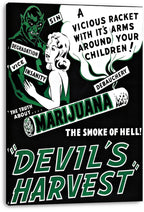 Devil's Harvest canvas wall art print displays a green devil and woman beside a large warning speech cloud and marijuana cigarette graphic.