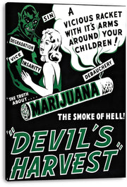 Devil's Harvest canvas wall art print displays a green devil and woman beside a large warning speech cloud and marijuana cigarette graphic.