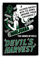 Devil's Harvest framed wall art print presents a vintage black, white, and green anti-marijuana design with a devil, woman, and bold lettering.