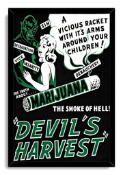 Devil's Harvest framed wall art print presents a vintage black, white, and green anti-marijuana design with a devil, woman, and bold lettering.