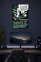 Devil's Harvest Anti-Marijuana Propaganda in a gaming desk setup above a monitor.