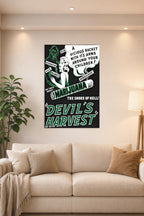Devil's Harvest Anti-Marijuana Propaganda in a bright living room above a beige sofa.