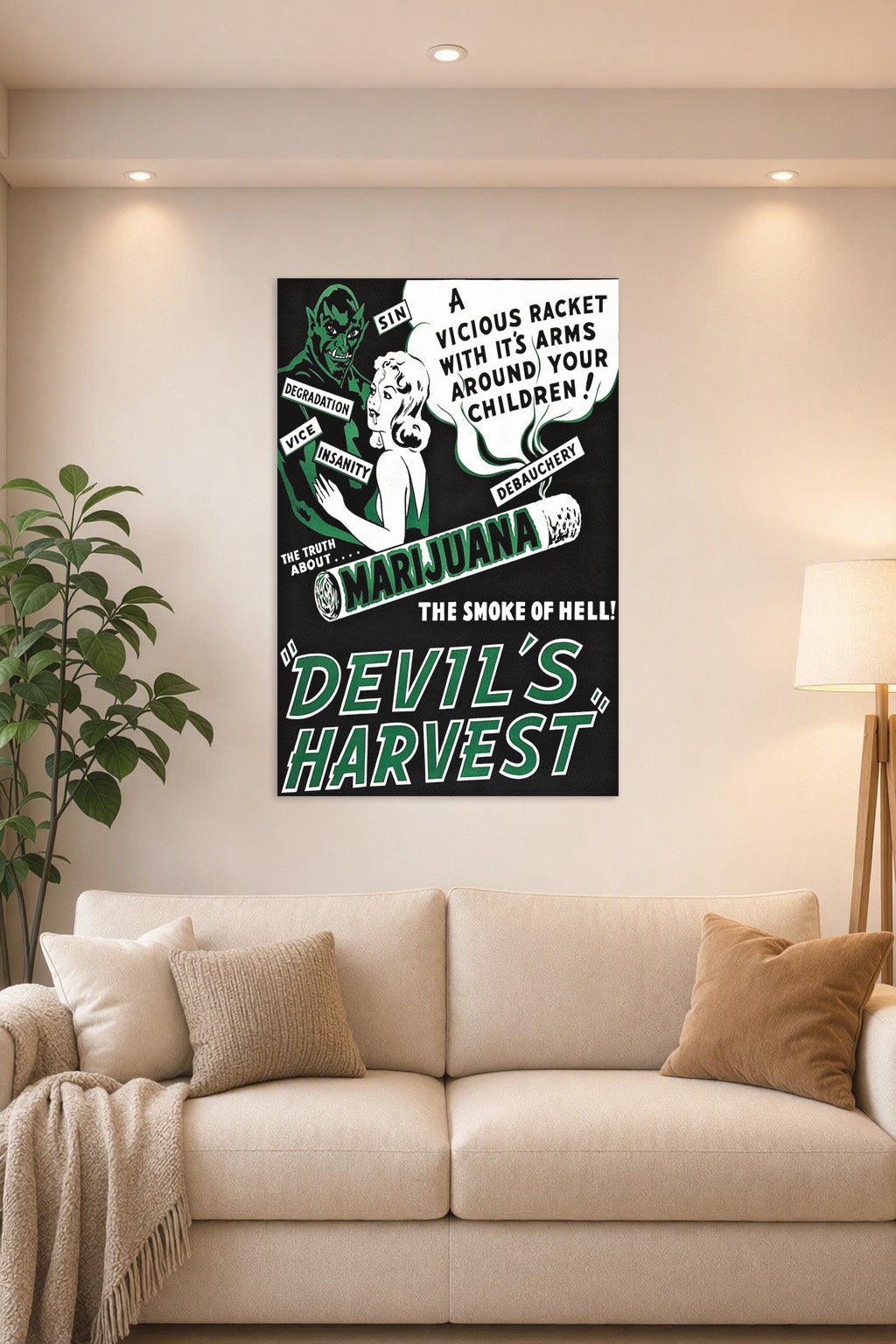 Devil's Harvest Anti-Marijuana Propaganda in a bright living room above a beige sofa.