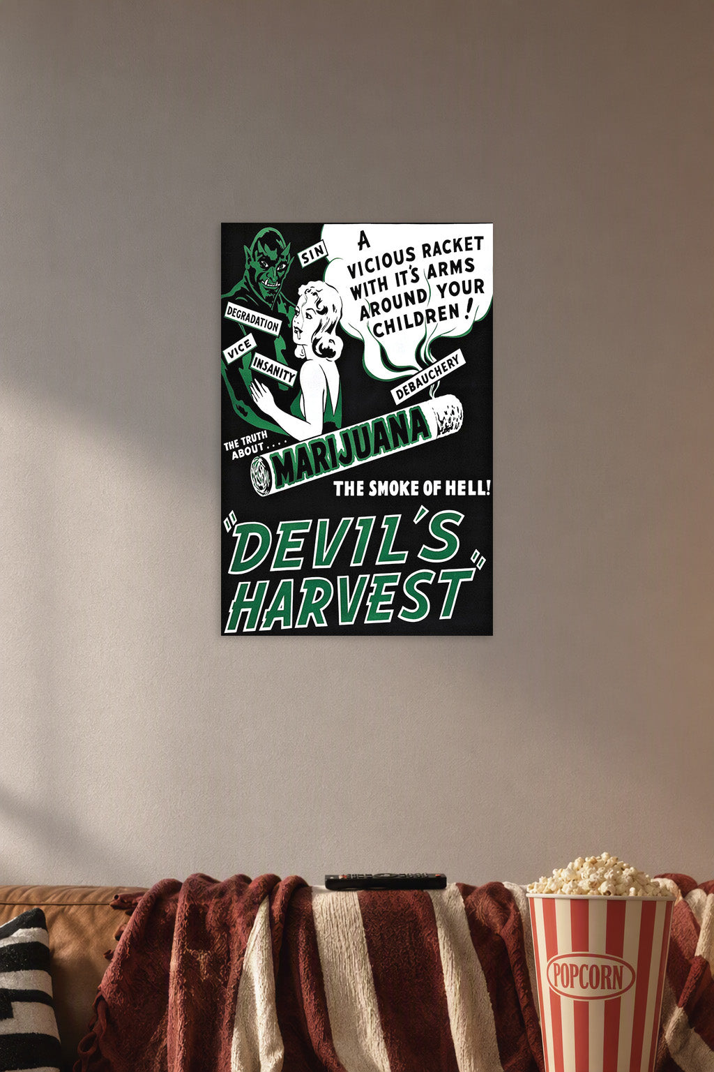 Devil's Harvest Anti-Marijuana Propaganda in a cozy movie room above a brown sofa with popcorn.