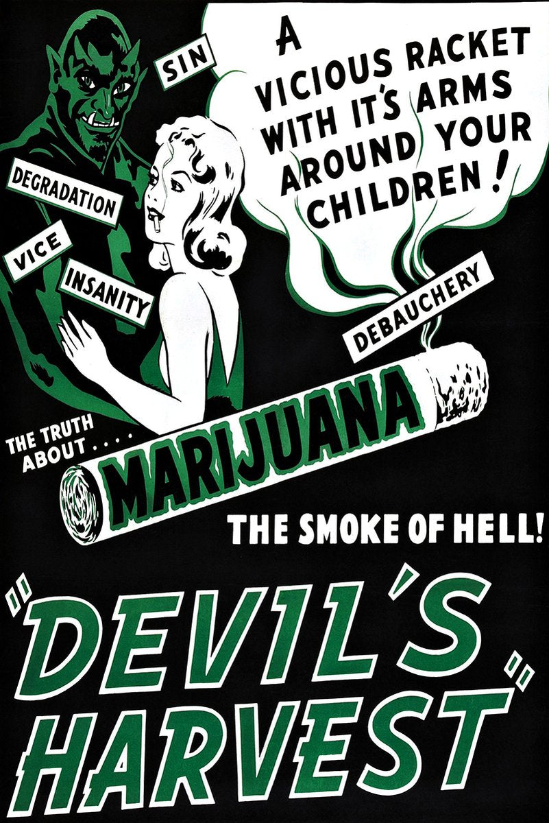 Devil's Harvest poster features a green devil behind a blonde woman, warning labels, a marijuana cigarette, and bold black, white, and green text.