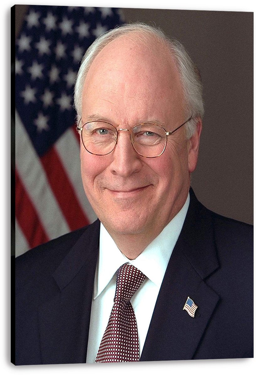 Dick Cheney canvas wall art print featuring a smiling portrait in glasses, navy suit, red patterned tie, and American flag lapel pin.