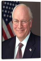 Dick Cheney canvas wall art print featuring a smiling portrait in glasses, navy suit, red patterned tie, and American flag lapel pin.