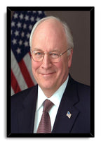 Dick Cheney framed wall art print depicting the suited former vice president against a blurred American flag, set in a black frame.