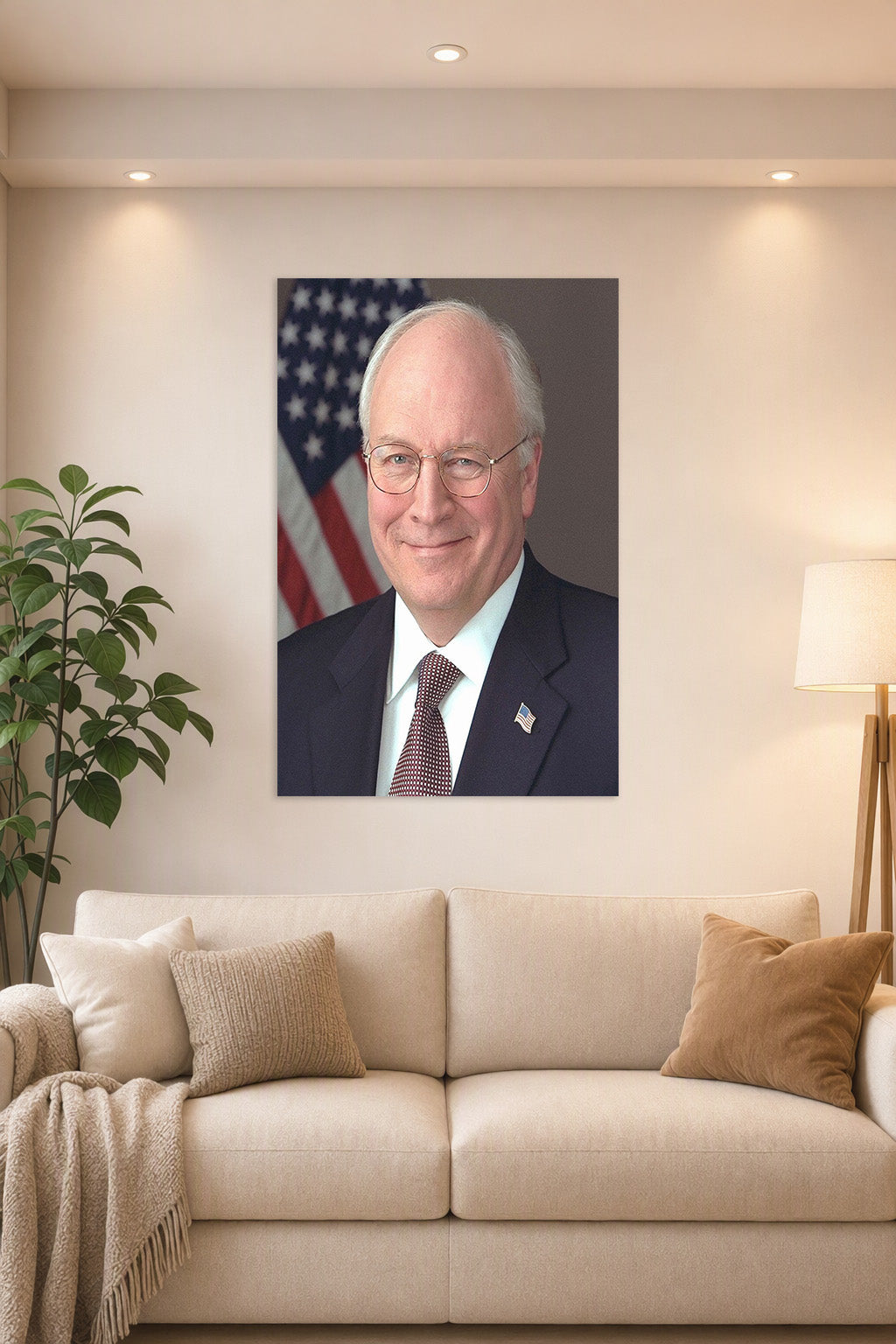 Dick Cheney in a bright living room above a beige sofa.