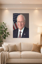 Dick Cheney in a bright living room above a beige sofa.