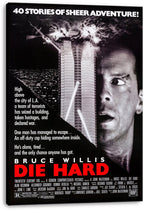 Die Hard wall art print on a stretched canvas displays Bruce Willis, a burning tower, helicopter, and red title lettering.