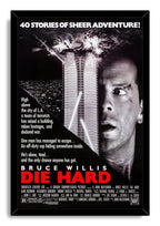Die Hard framed wall art print with Bruce Willis's close-up, an exploding tower, city skyline, helicopter, and red title.