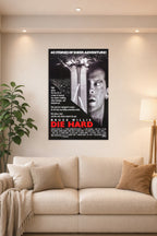 Die Hard Movie Poster in a bright living room above a beige sofa.