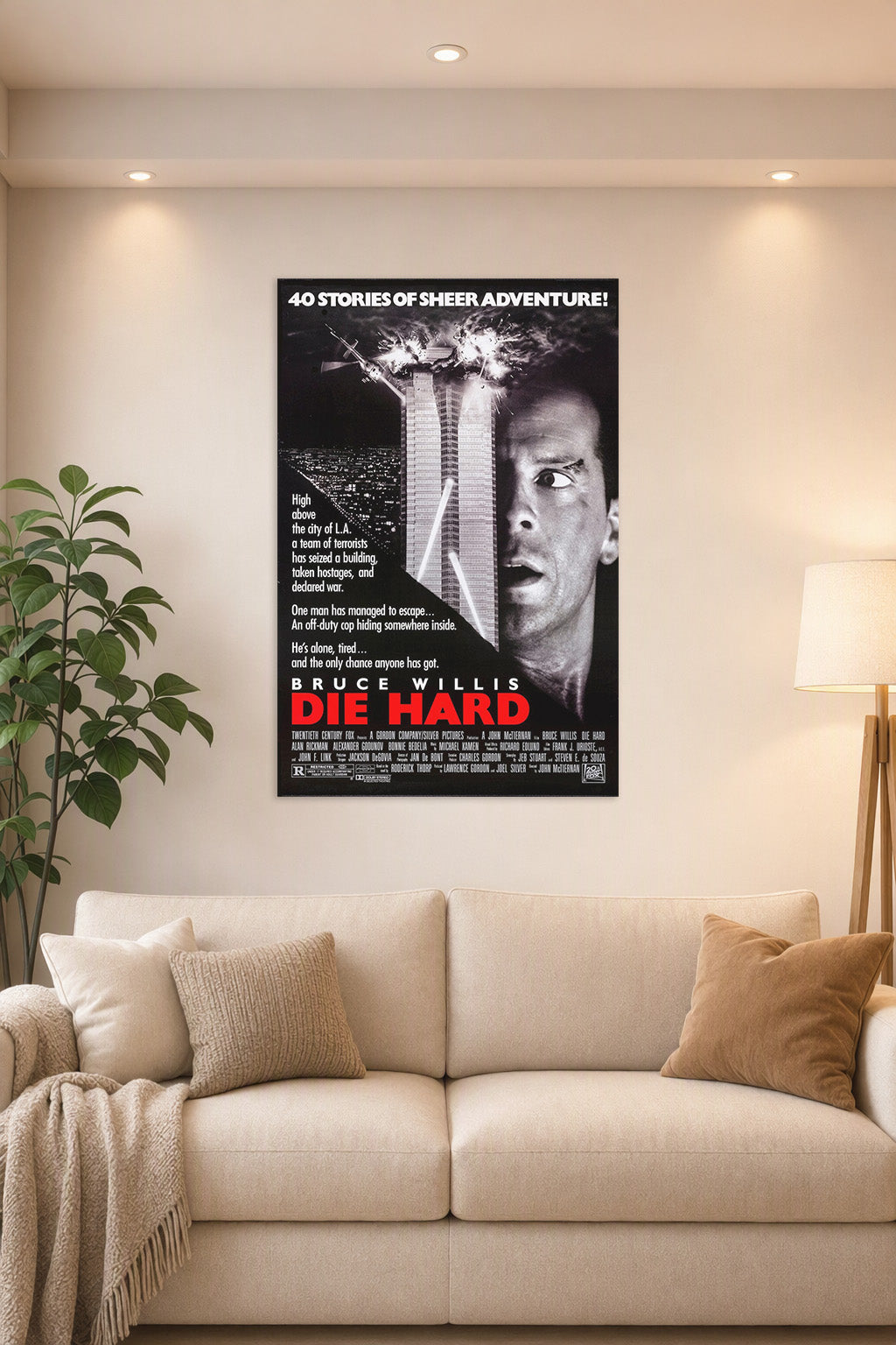 Die Hard Movie Poster in a bright living room above a beige sofa.