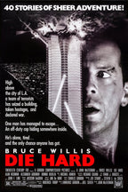 Die Hard movie poster wall art with Bruce Willis beside an exploding skyscraper, helicopter, city lights, and red title text.