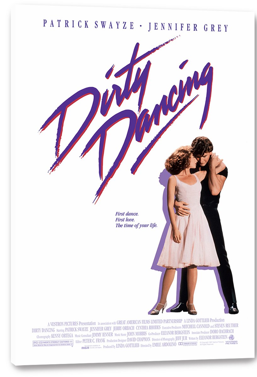 Dirty Dancing canvas wall art print displays the classic white poster with bold purple-red title lettering and an embracing couple.