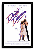Dirty Dancing framed wall art print in a black frame, with the iconic couple beneath the purple and red film title.