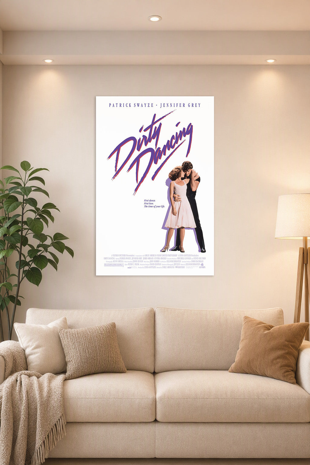 Dirty Dancing Movie in a bright living room above a beige sofa.