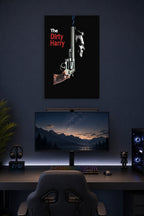Dirty Harry Clint Eastwood Movie Poster in a gaming desk setup above a monitor.