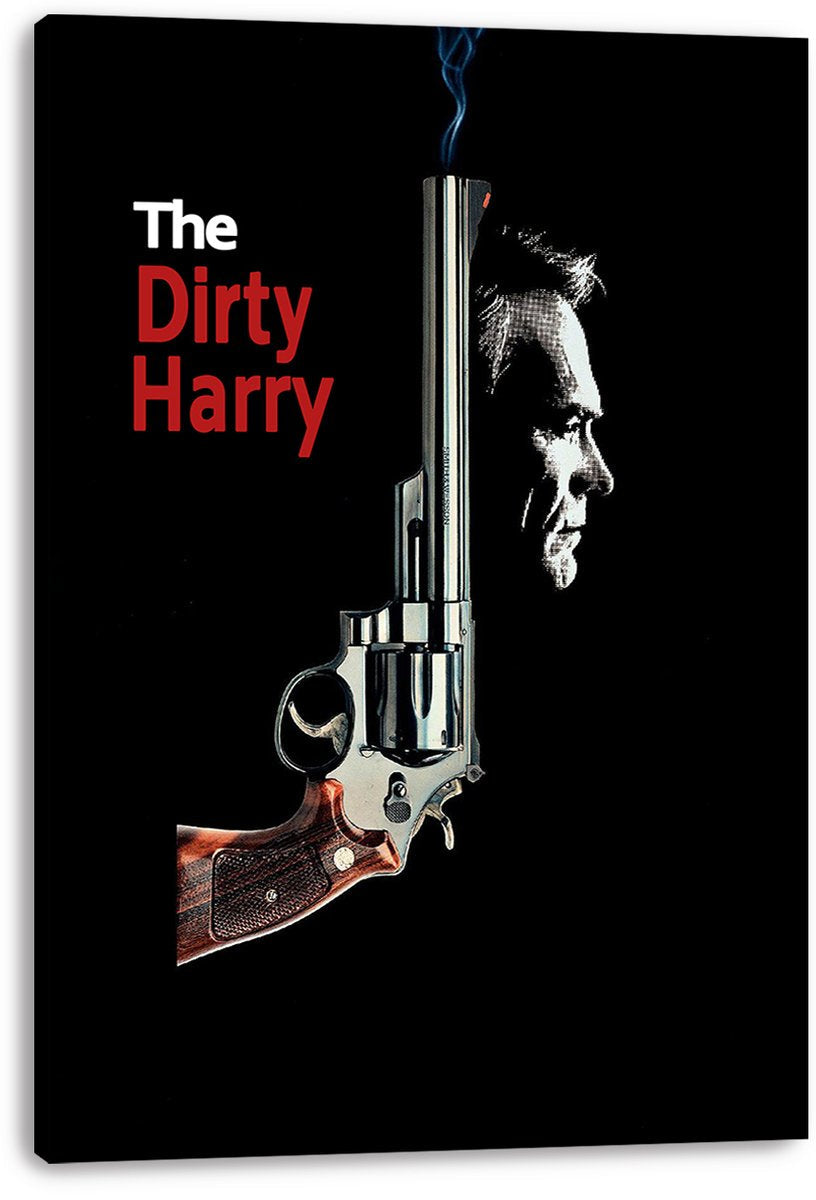 Dirty Harry canvas wall art print displayed with wrapped edges, featuring a silver revolver, blue smoke, red title lettering, and a male profile.