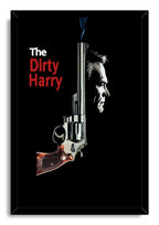 Dirty Harry framed wall art print in a black frame, with red title typography, a smoking revolver, and a monochrome male side profile.