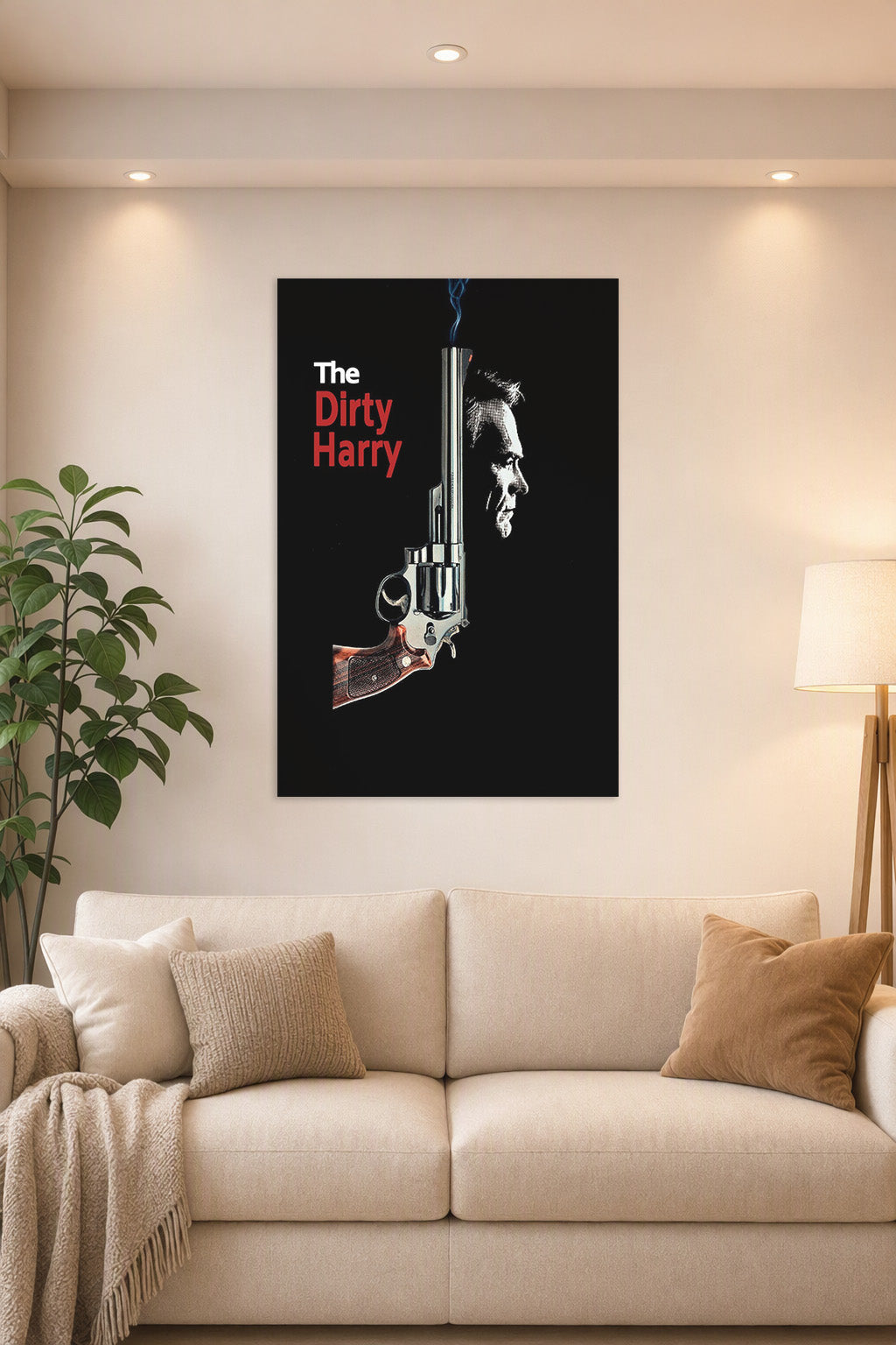 Dirty Harry Movie in a bright living room above a beige sofa.