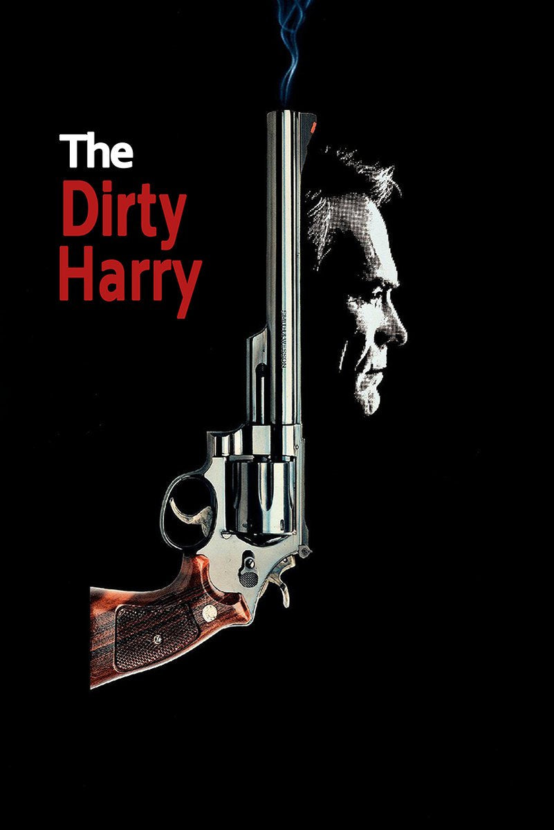Dirty Harry poster wall art print with red and white title text, a smoking silver revolver, and a stark male profile on black.