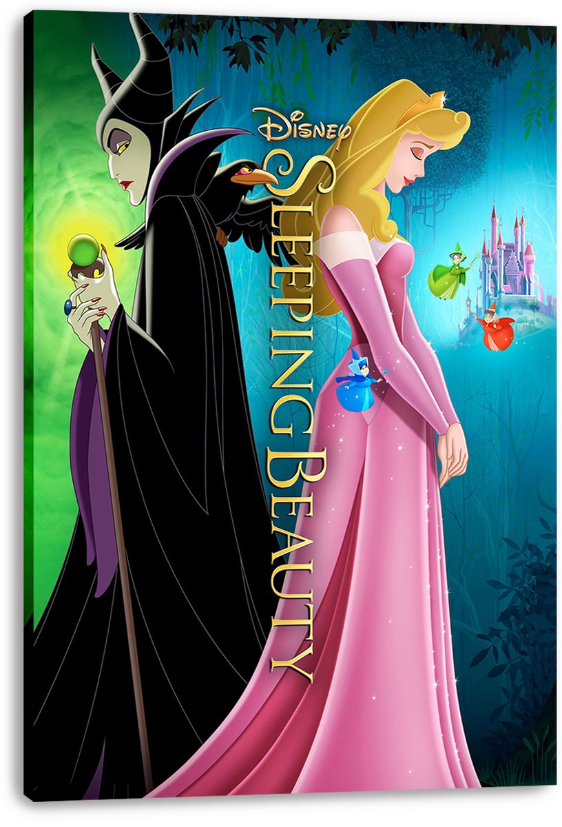 Sleeping Beauty canvas wall art print featuring Maleficent and Aurora, with three fairies, a raven, and pink castle in a forest.