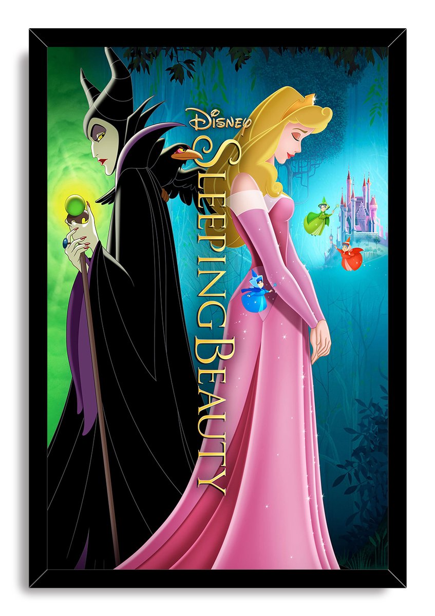 Sleeping Beauty framed wall art print featuring Maleficent with a green orb beside Aurora, fairies, raven, and castle.