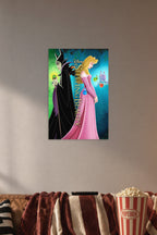 Disney Sleeping Beauty Maleficent Aurora Fairies Castle in a cozy movie room above a brown sofa with popcorn.