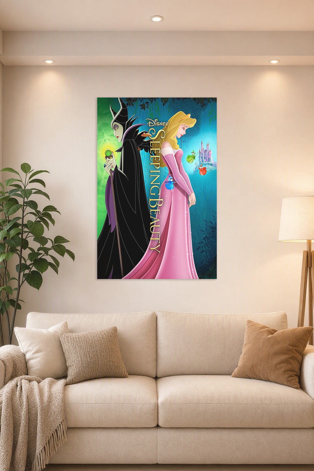 Disney Sleeping Beauty Maleficent Aurora Fairies Castle in a bright living room above a beige sofa.
