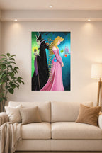 Disney Sleeping Beauty Maleficent Aurora Fairies Castle in a bright living room above a beige sofa.