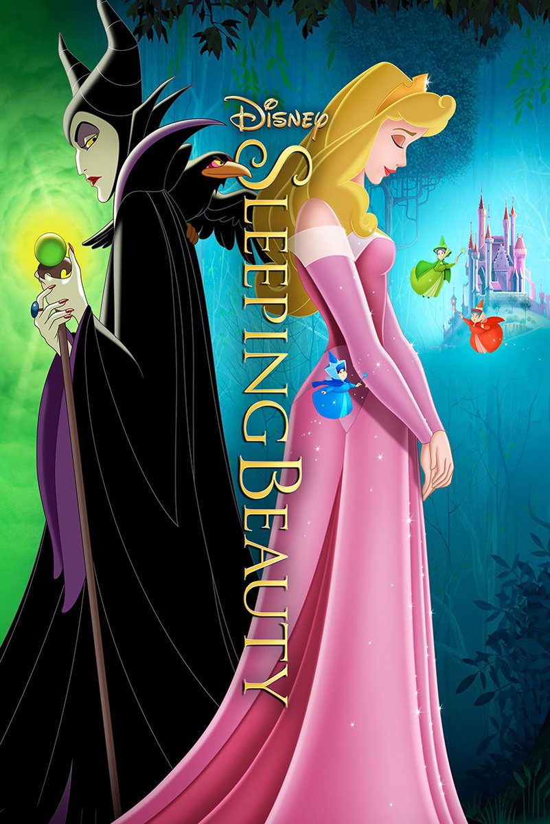 Sleeping Beauty poster featuring Maleficent holding a green orb beside Aurora in pink, fairies, raven, and a distant castle.
