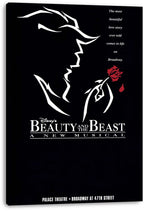 Beauty and the Beast wall art print displayed as a black canvas, with white character profiles, red rose, and musical title text.