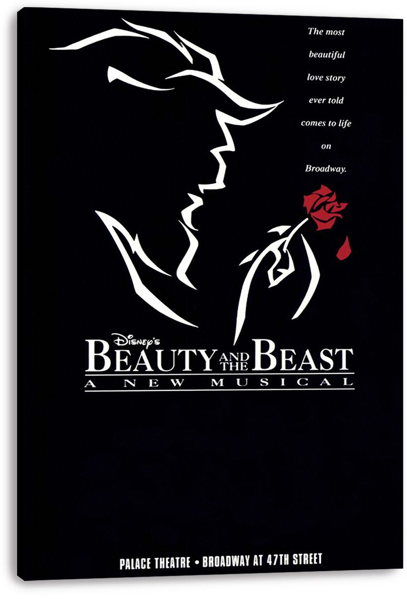 Beauty and the Beast wall art print displayed as a black canvas, with white character profiles, red rose, and musical title text.