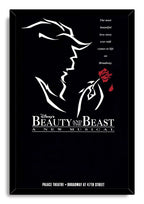 Beauty and the Beast framed wall art print with a black border, white profile silhouettes, red rose, and Palace Theatre Broadway lettering.